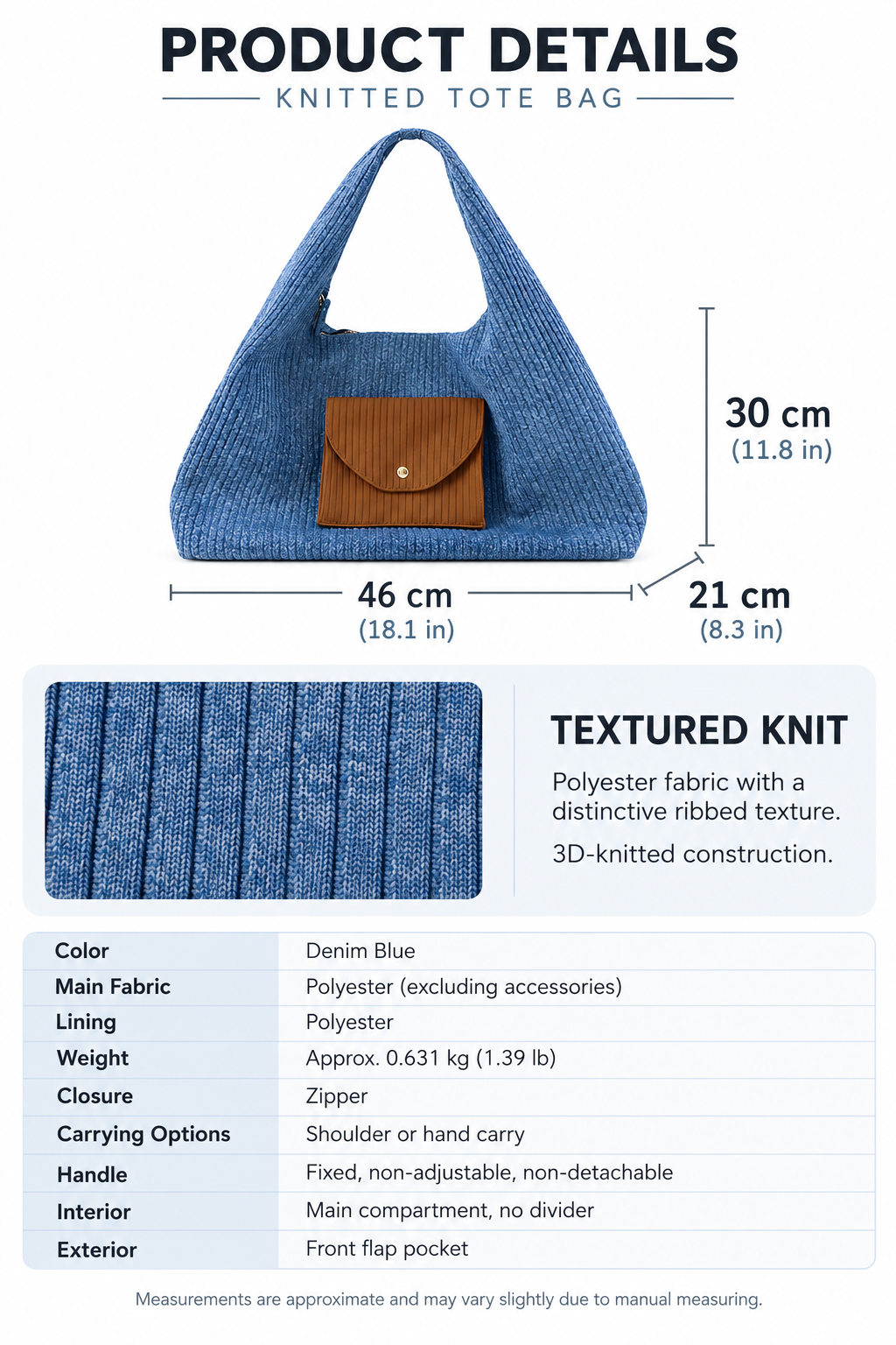 Textured Knit Tote Bag with Front Flap Pocket
