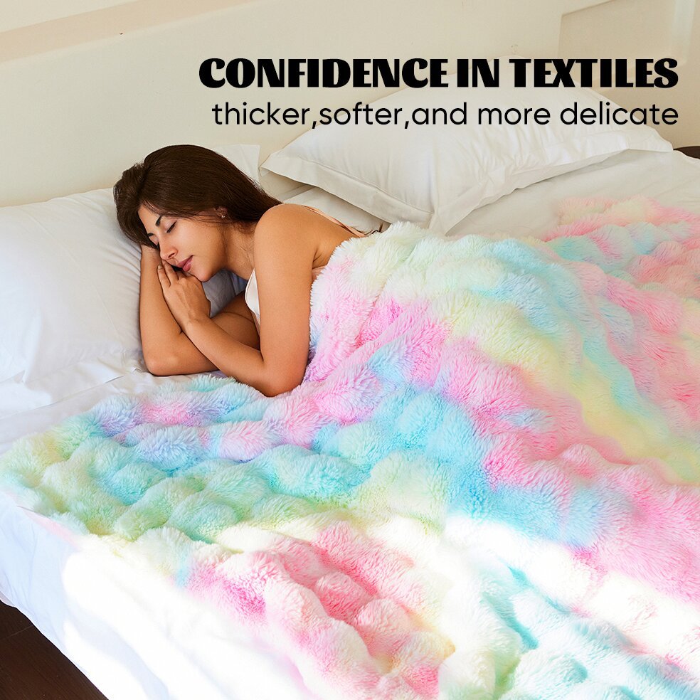 Faux Rabbit Fur Fluffy Fabric Blanket - Soft, Thick Fleece Sherpa Blanket , Stress Relief, Feel Cosy, Women's Gift for Anxiety, Cloud Bubble Blanket