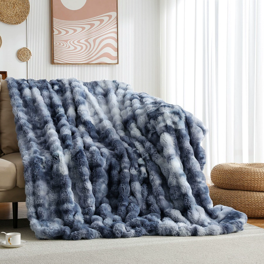 Faux Rabbit Fur Fluffy Fabric Blanket - Soft, Thick Fleece Sherpa Blanket , Stress Relief, Feel Cosy, Women's Gift for Anxiety, Cloud Bubble Blanket