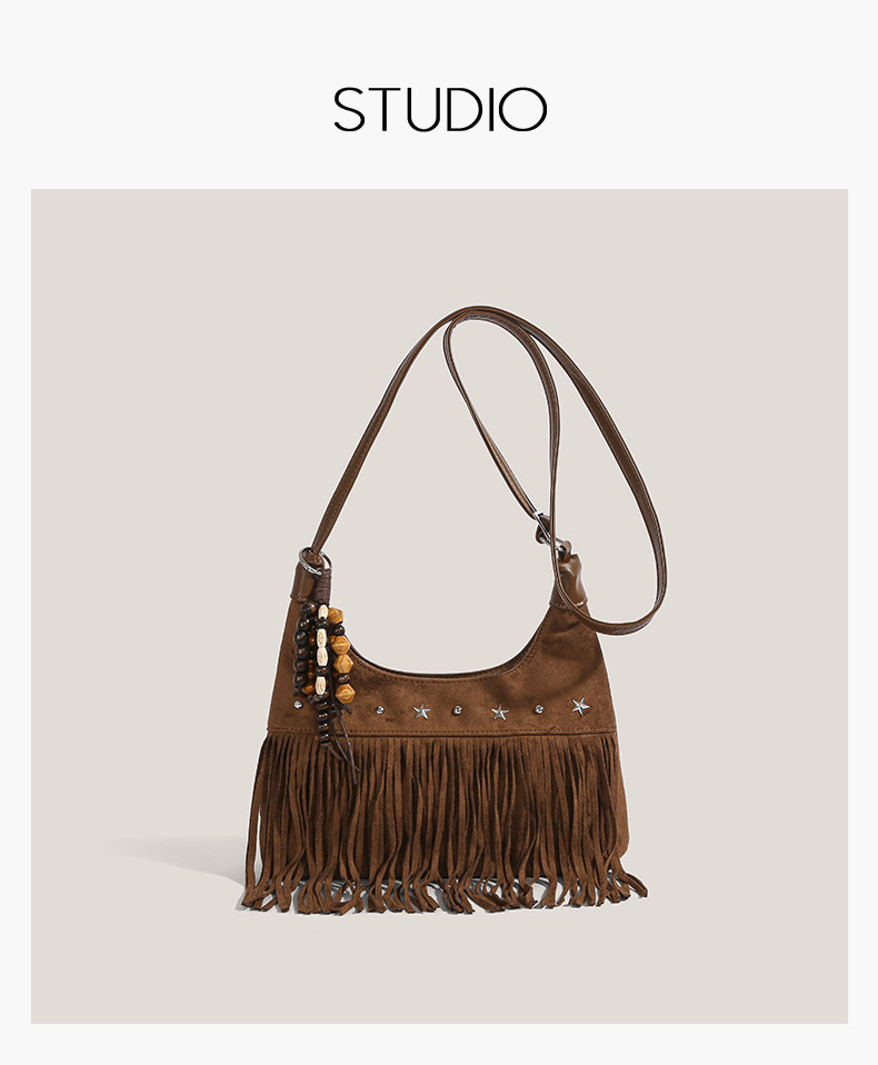 Women’s Boho Fringe Shoulder Bag with Suede-Look Finish