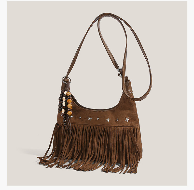 Women’s Boho Fringe Shoulder Bag with Suede-Look Finish