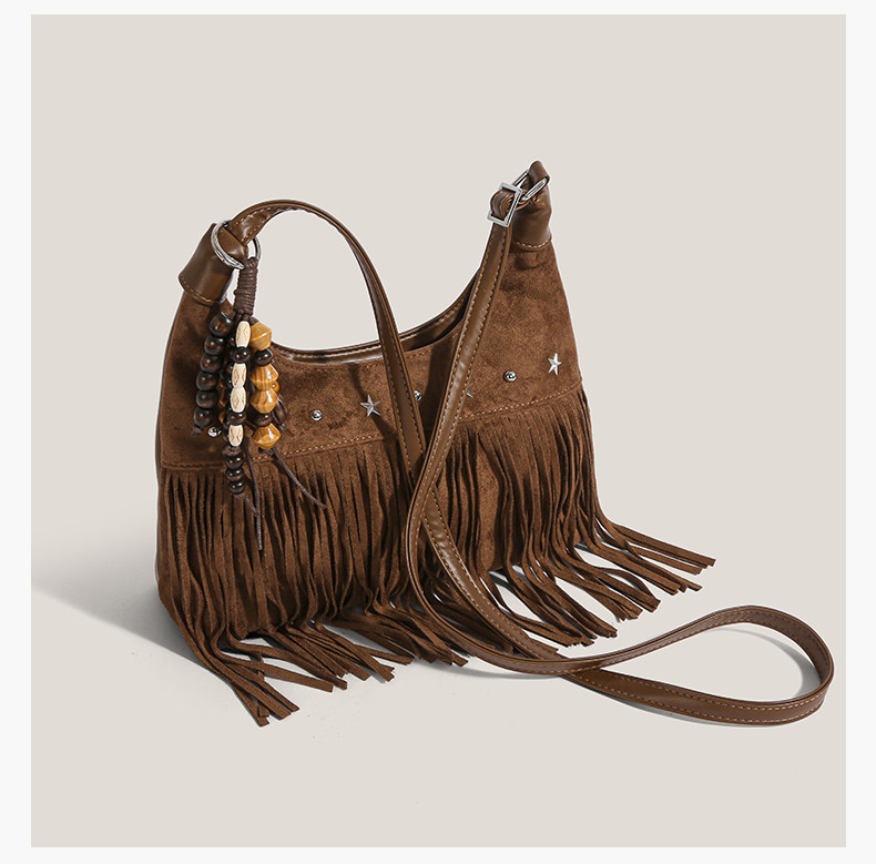 Women’s Boho Fringe Shoulder Bag with Suede-Look Finish
