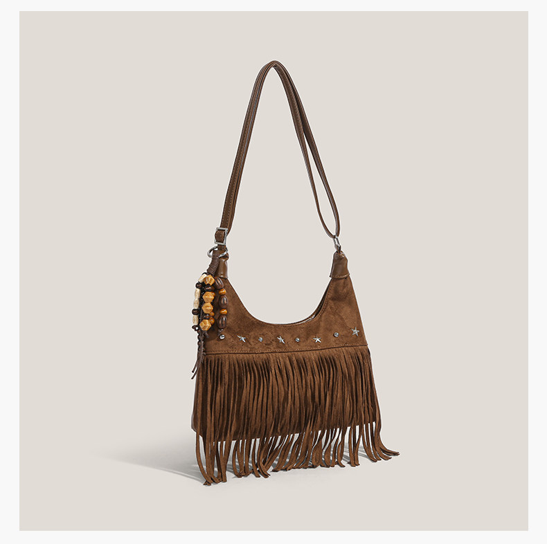 Women’s Boho Fringe Shoulder Bag with Suede-Look Finish