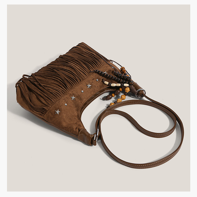 Women’s Boho Fringe Shoulder Bag with Suede-Look Finish