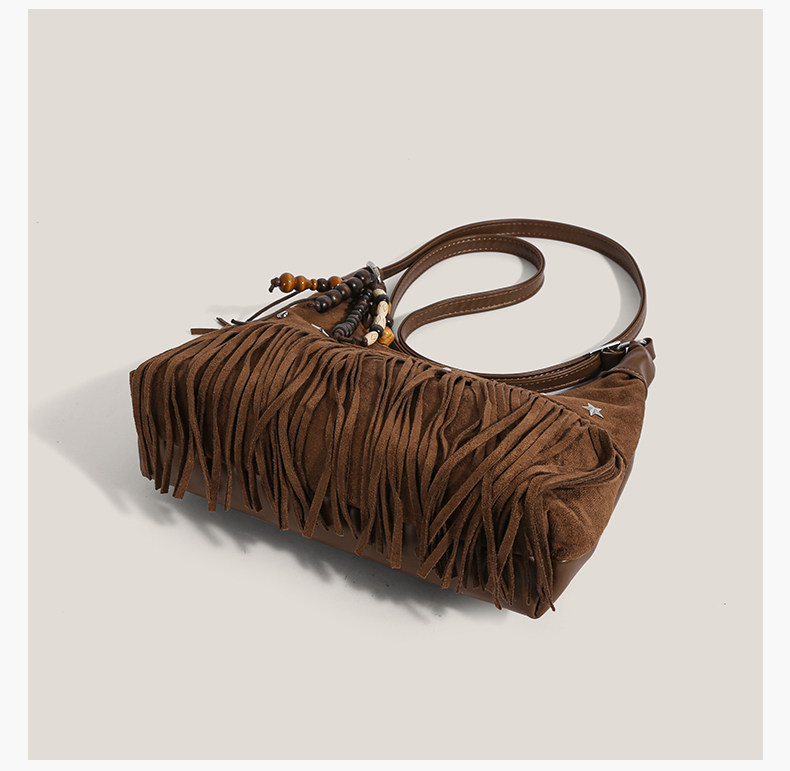 Women’s Boho Fringe Shoulder Bag with Suede-Look Finish