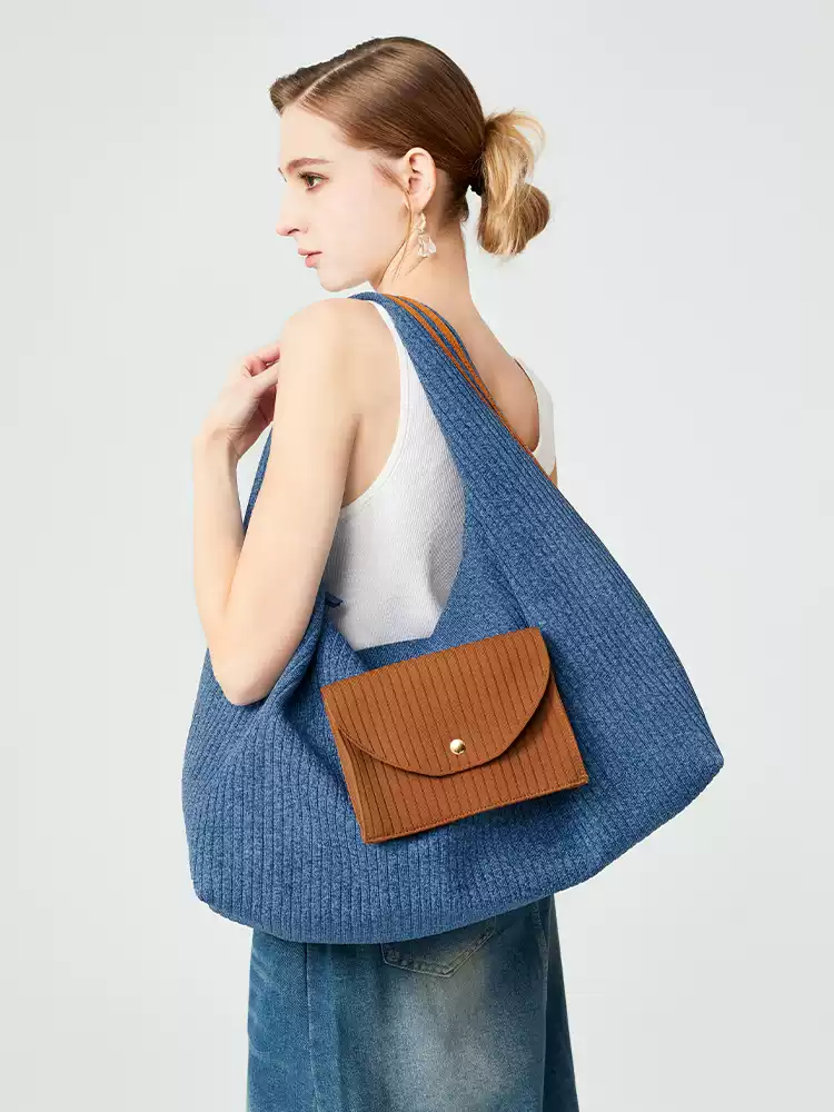 Textured Knit Tote Bag with Front Flap Pocket