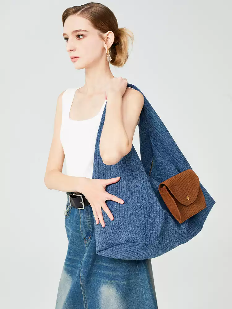 Textured Knit Tote Bag with Front Flap Pocket