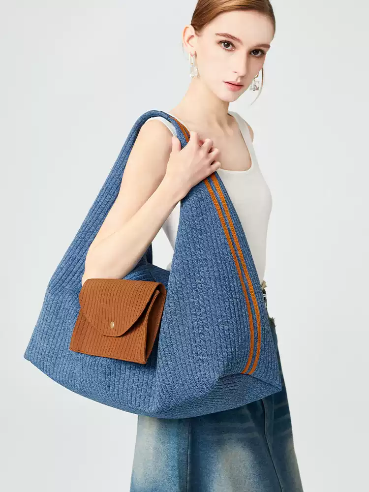 Textured Knit Tote Bag with Front Flap Pocket