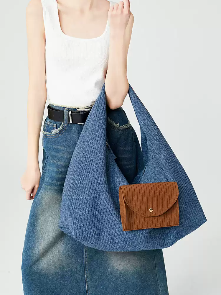 Textured Knit Tote Bag with Front Flap Pocket