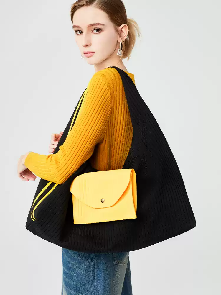Textured Knit Tote Bag with Front Flap Pocket