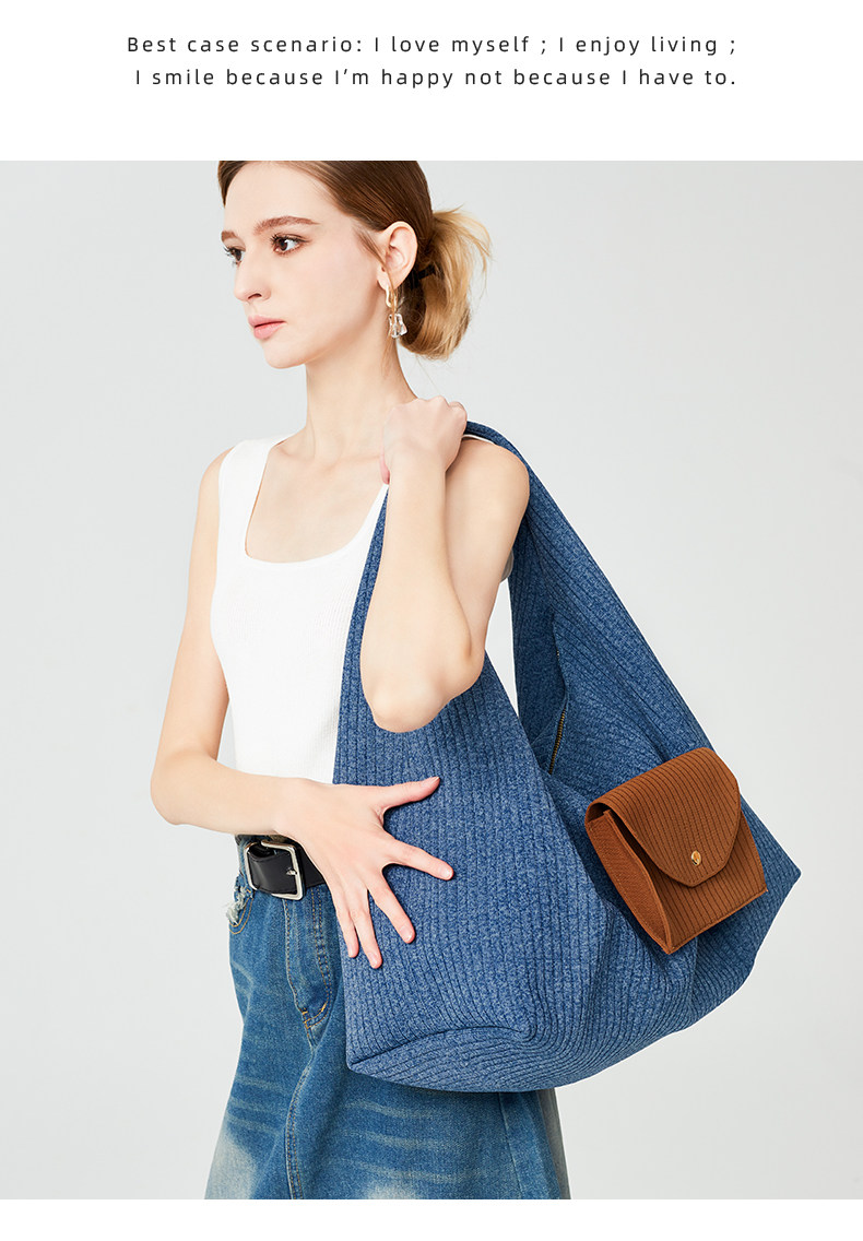 Textured Knit Tote Bag with Front Flap Pocket