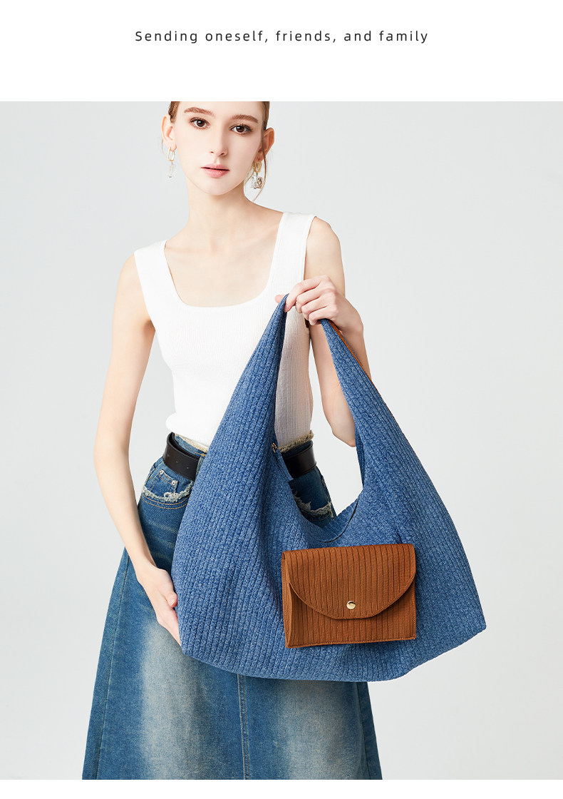 Textured Knit Tote Bag with Front Flap Pocket