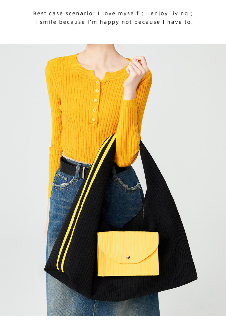Textured Knit Tote Bag with Front Flap Pocket