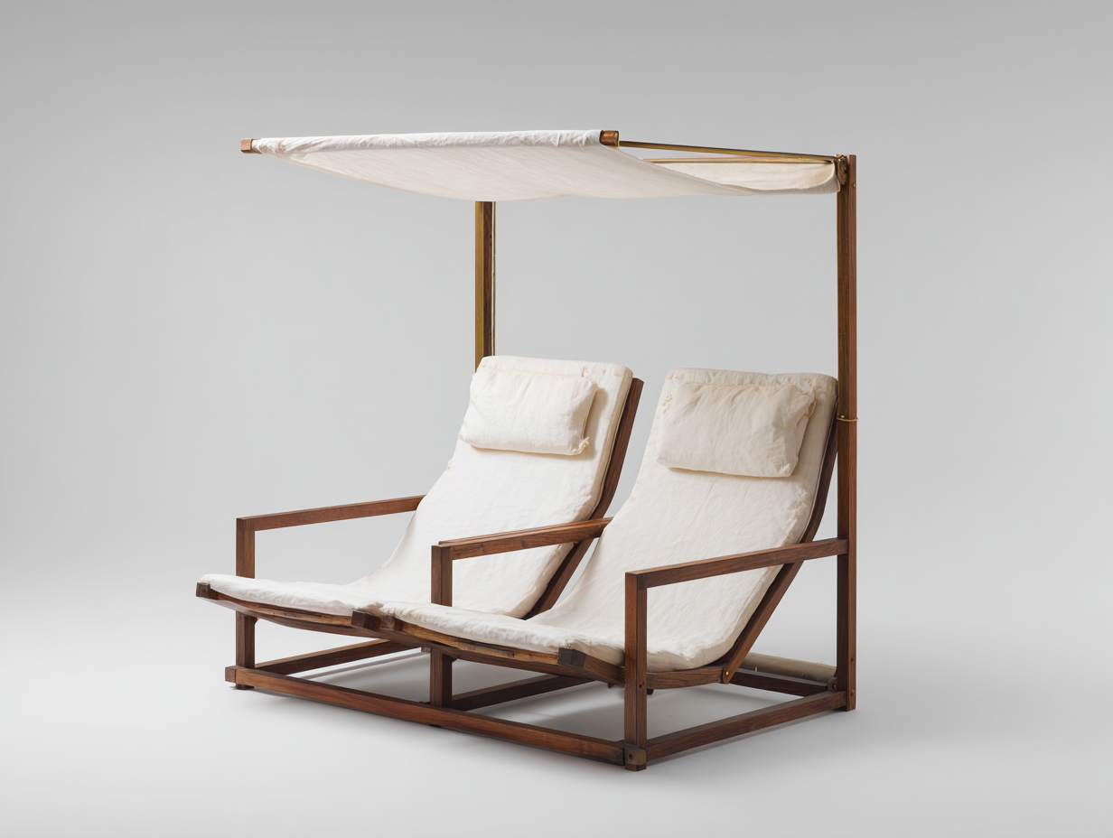 Tumbonas dobles de madera 205x145x190 cm marrón y blanco - para jardín - con dosel superior-Saviazanest