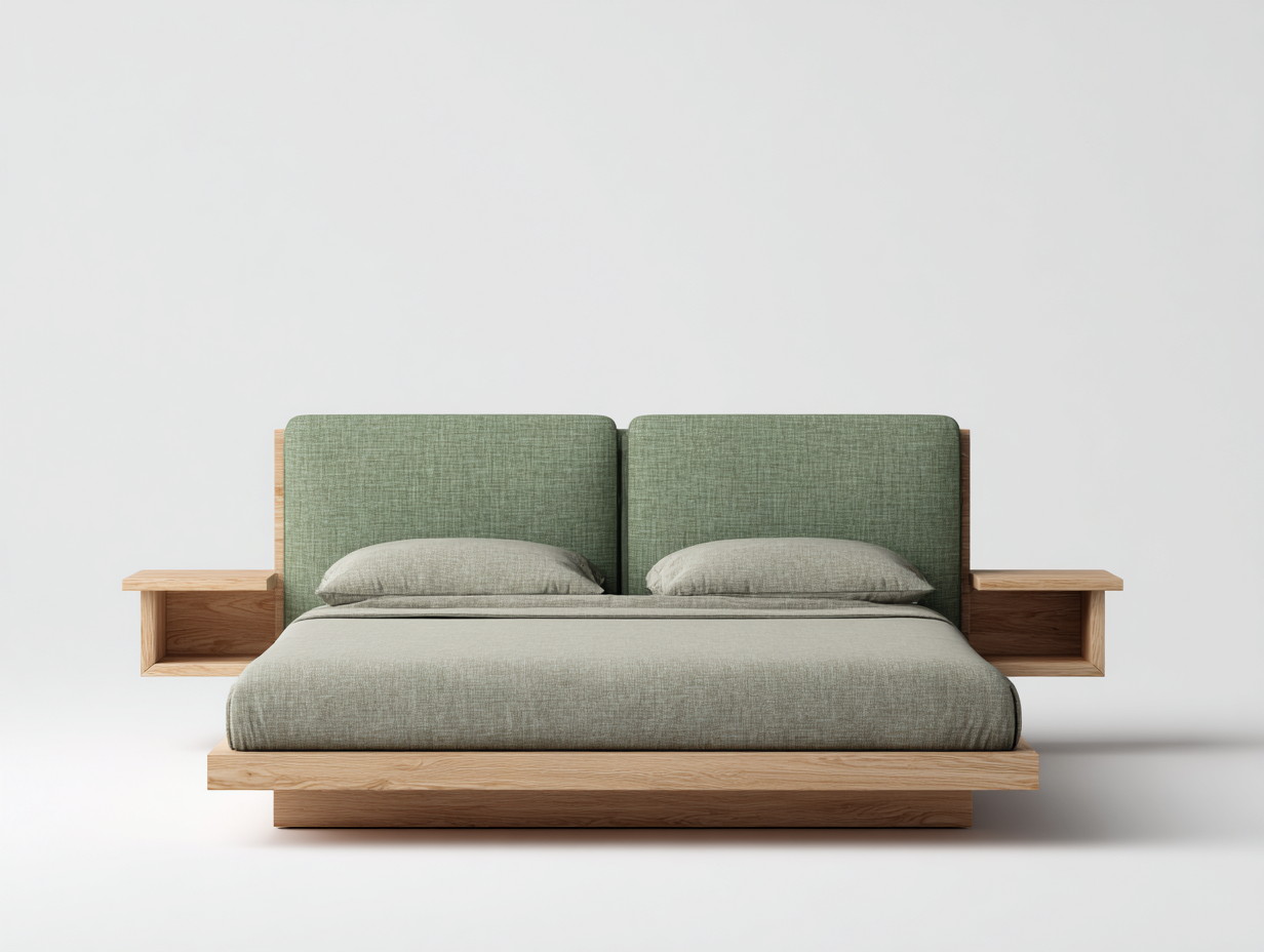 Camas dobles de madera 220x180x105 cm - natural-verde salvia - cabecero tapizado - estilo moderno-Saviazanest