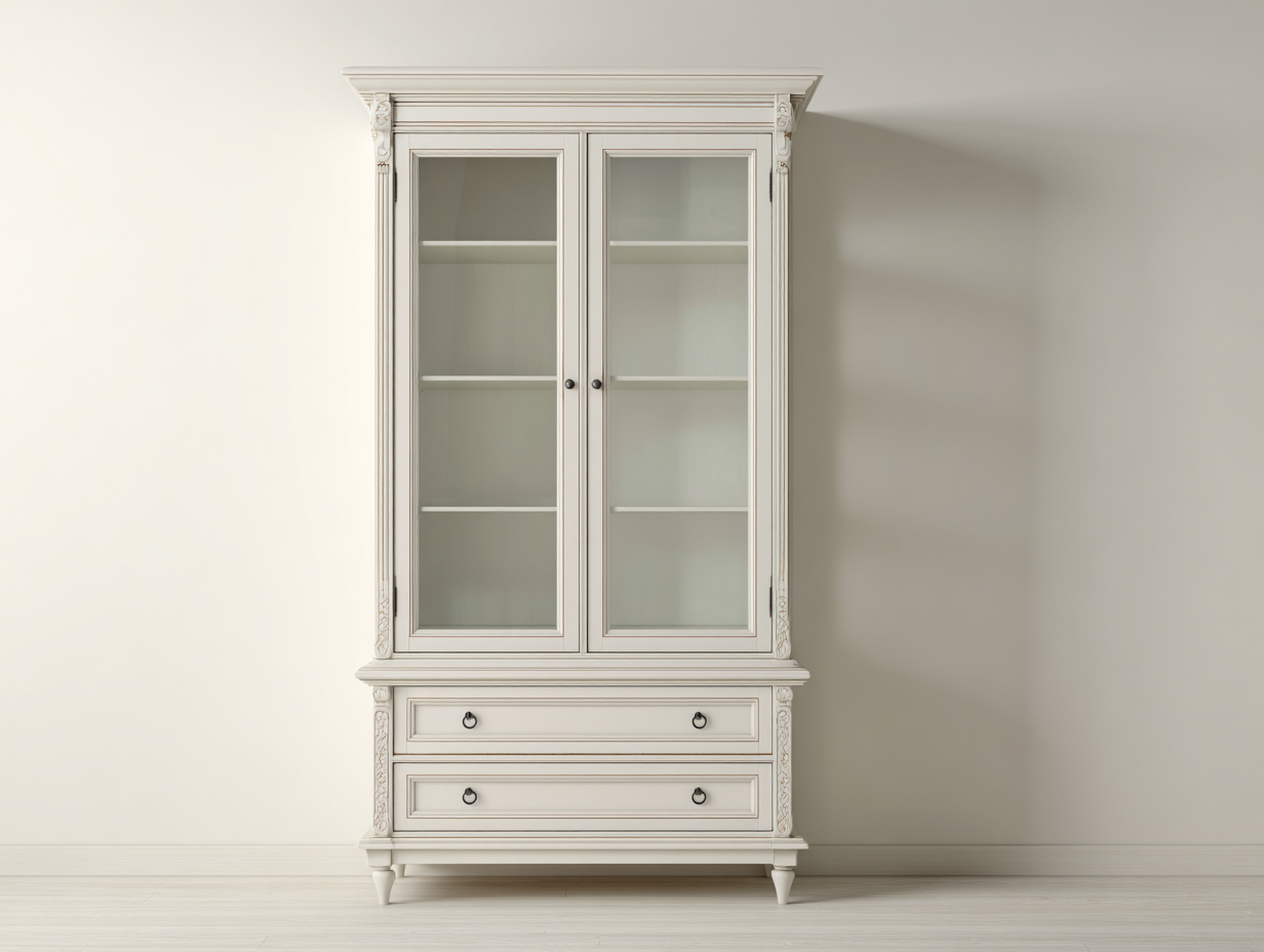 Vitrina de madera 90x42x190 cm - blanco crema y negro - estilo clásico con 2 puertas de vidrio y 2 cajones-Saviazanest