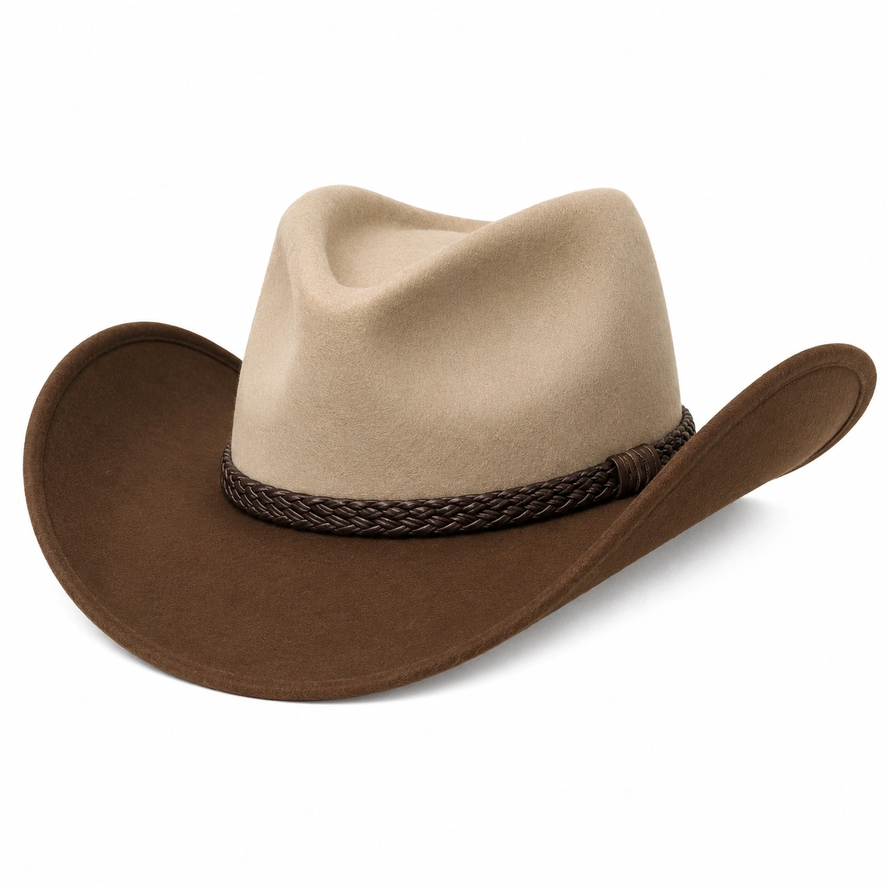 Chapeau Cowboy Marron Beige avec Bord Large et Bande Tressée-furndaxis