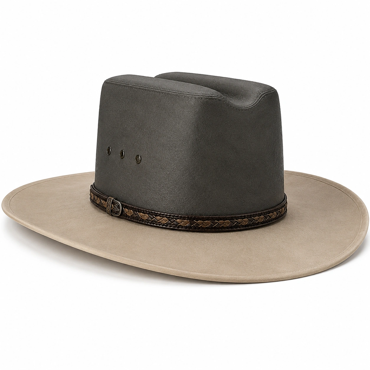 Chapeau à Large Bord Brun et Gris avec Bande Tissée-furndaxis