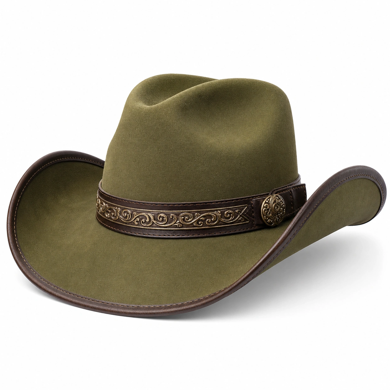 Chapeau de Cowboy en Feutre Olive avec Bordure Décorative-furndaxis