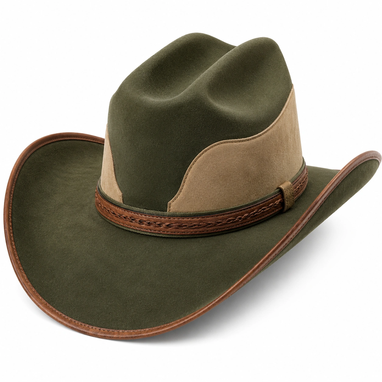Chapeau Cowboy Vert Kaki et Beige avec Bandeau Tressé Marron-furndaxis