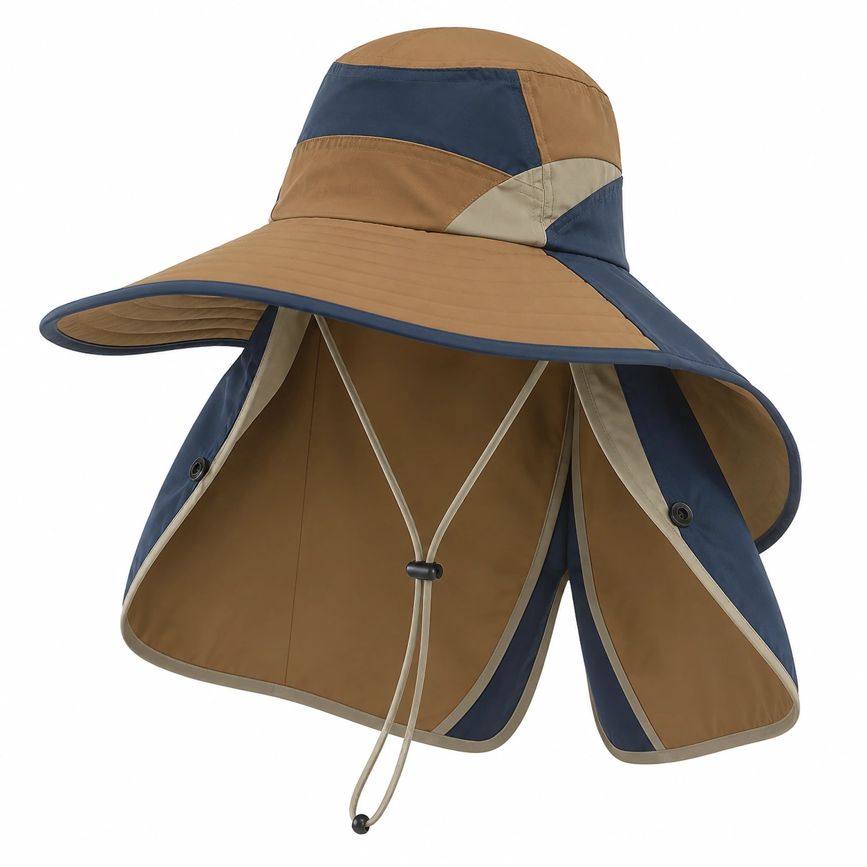 Chapeau de Soleil Anti-UV avec Protection de Cou, Bleu/Beige/Brun-furndaxis