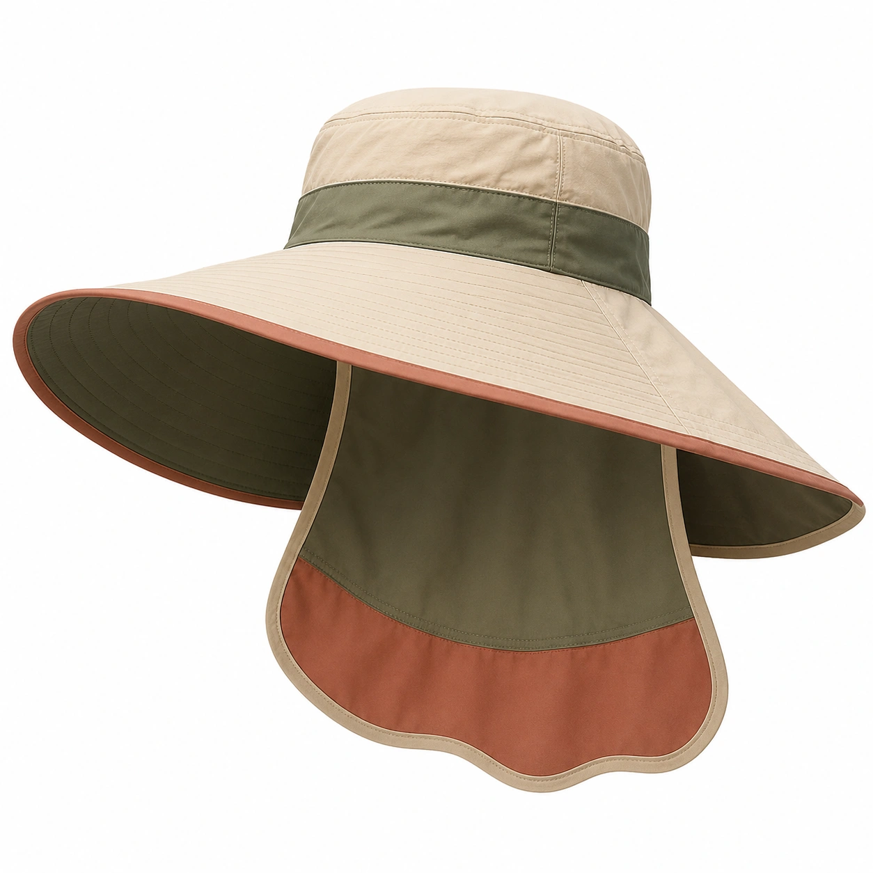 Chapeau de Soleil à Large Bord avec Protection Nuque Beige/Vert/Marron-furndaxis