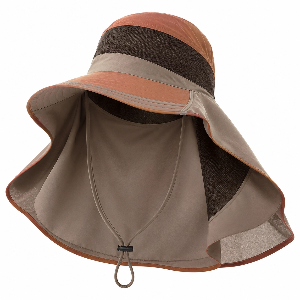 Chapeau de Soleil Anti-UV à Large Bord Marron et Beige avec Cordon Ajustable-furndaxis