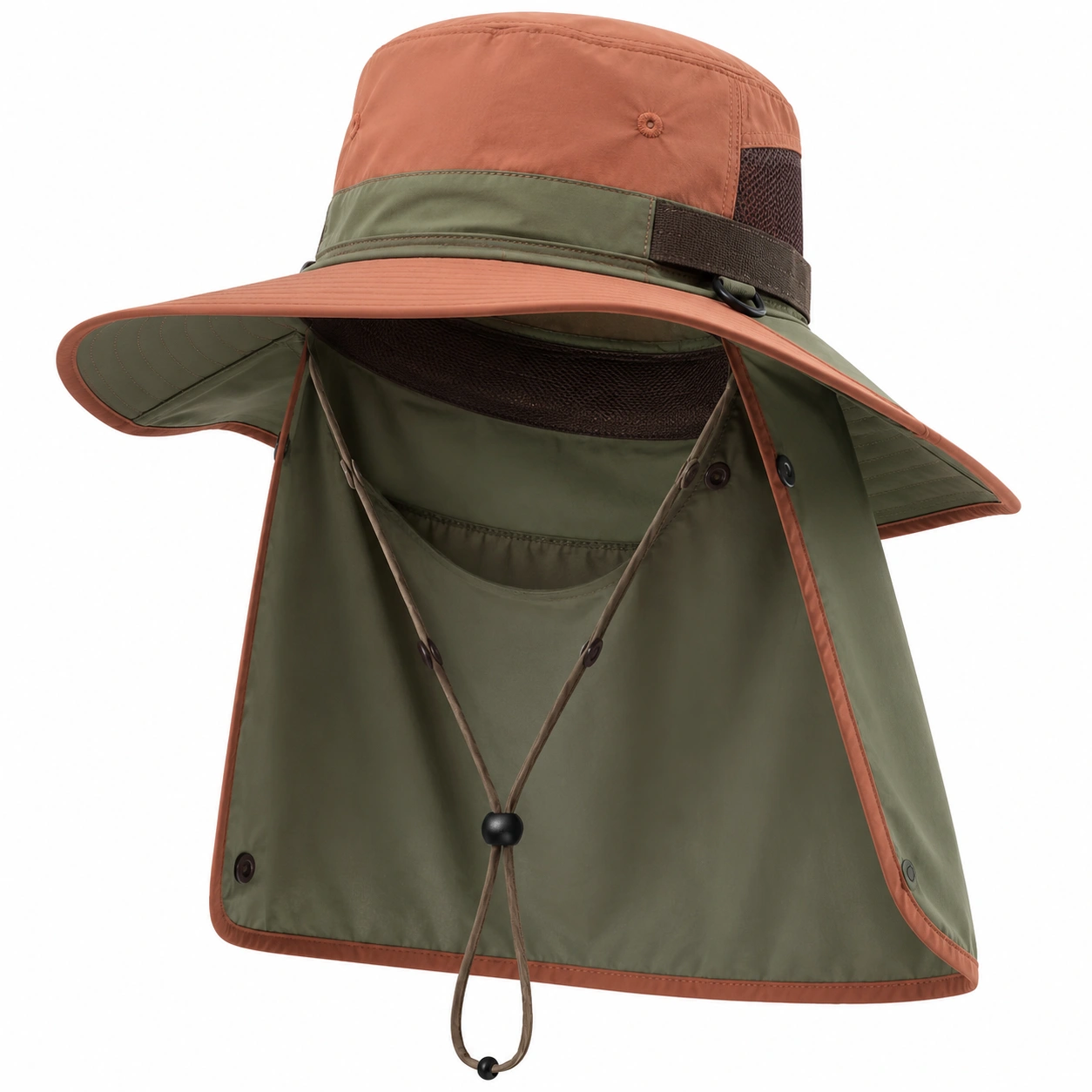 Chapeau de randonnée vert et marron avec protection pour le cou-furndaxis
