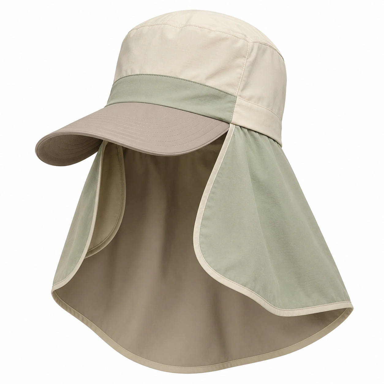 Chapeau de Protection Solaire à Larges Bords Anti-UV Beige et Vert-furndaxis