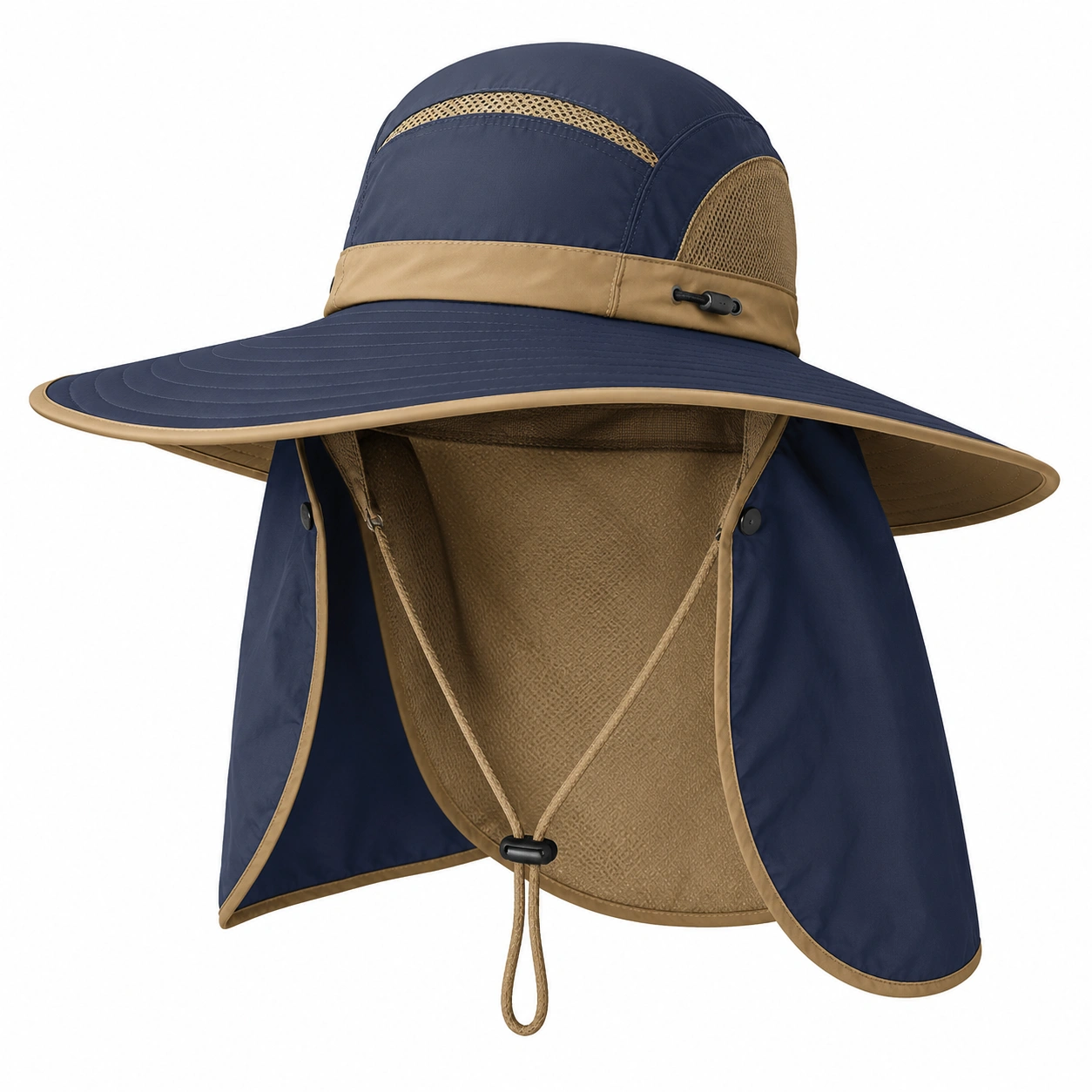 Chapeau de Soleil à Large Bord avec Protection Nuque Anti-UV Bleu et Beige-furndaxis