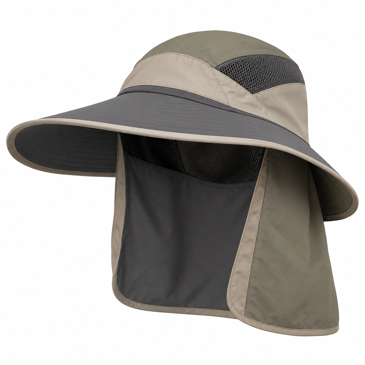 Chapeau de Soleil Anti-UV avec Voilette Amovible Kaki/Gris-furndaxis
