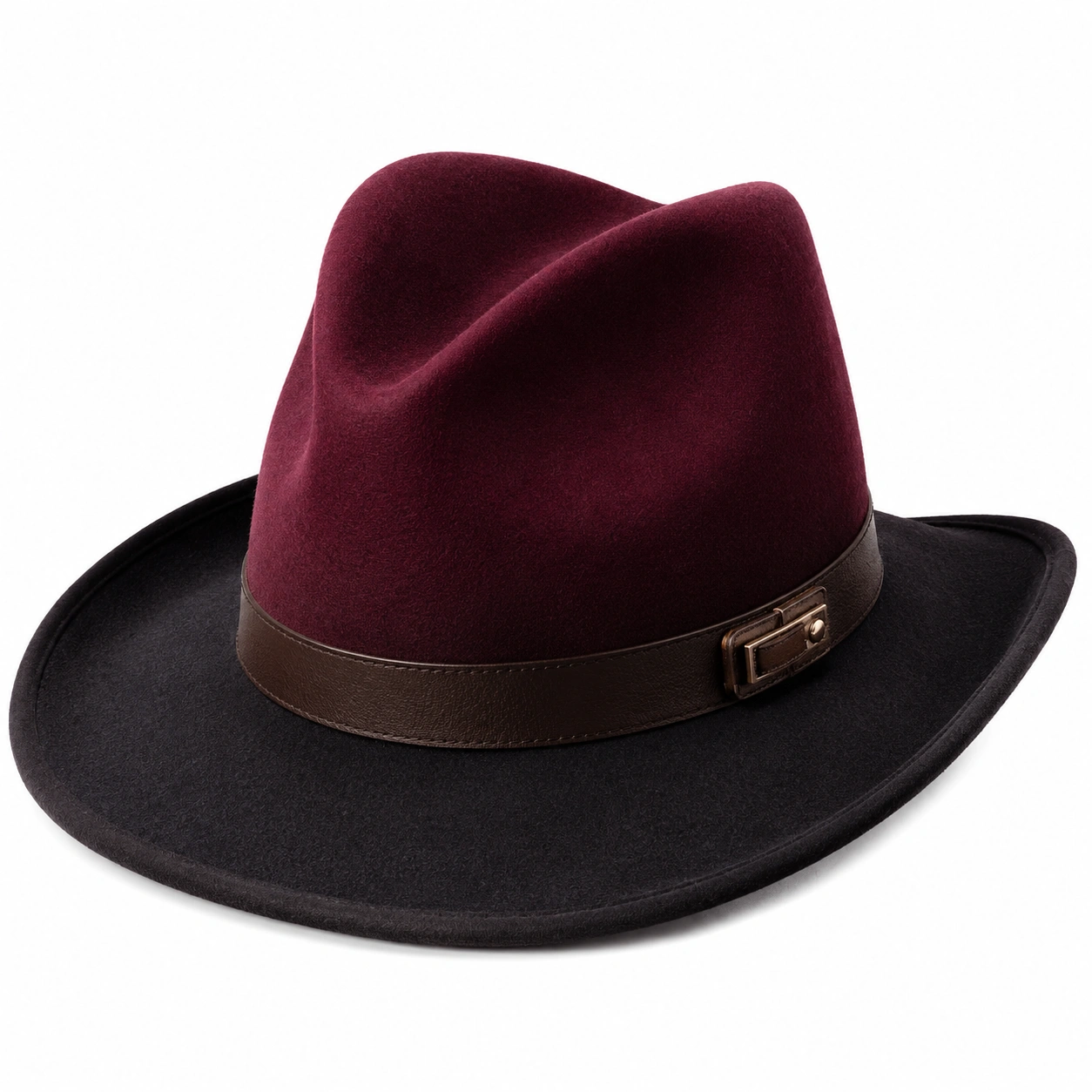 Chapeau Fedora bordeaux et noir avec ceinture marron-furndaxis