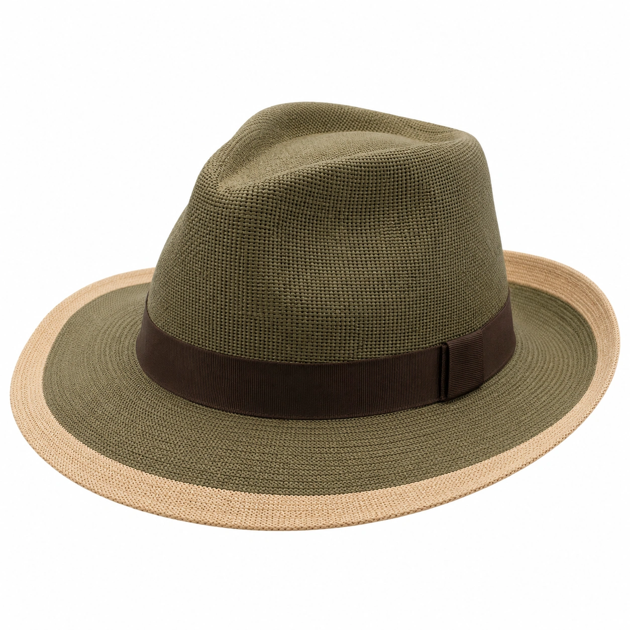 Chapeau Fedora Homme Vert Olive avec Bord Beige-furndaxis