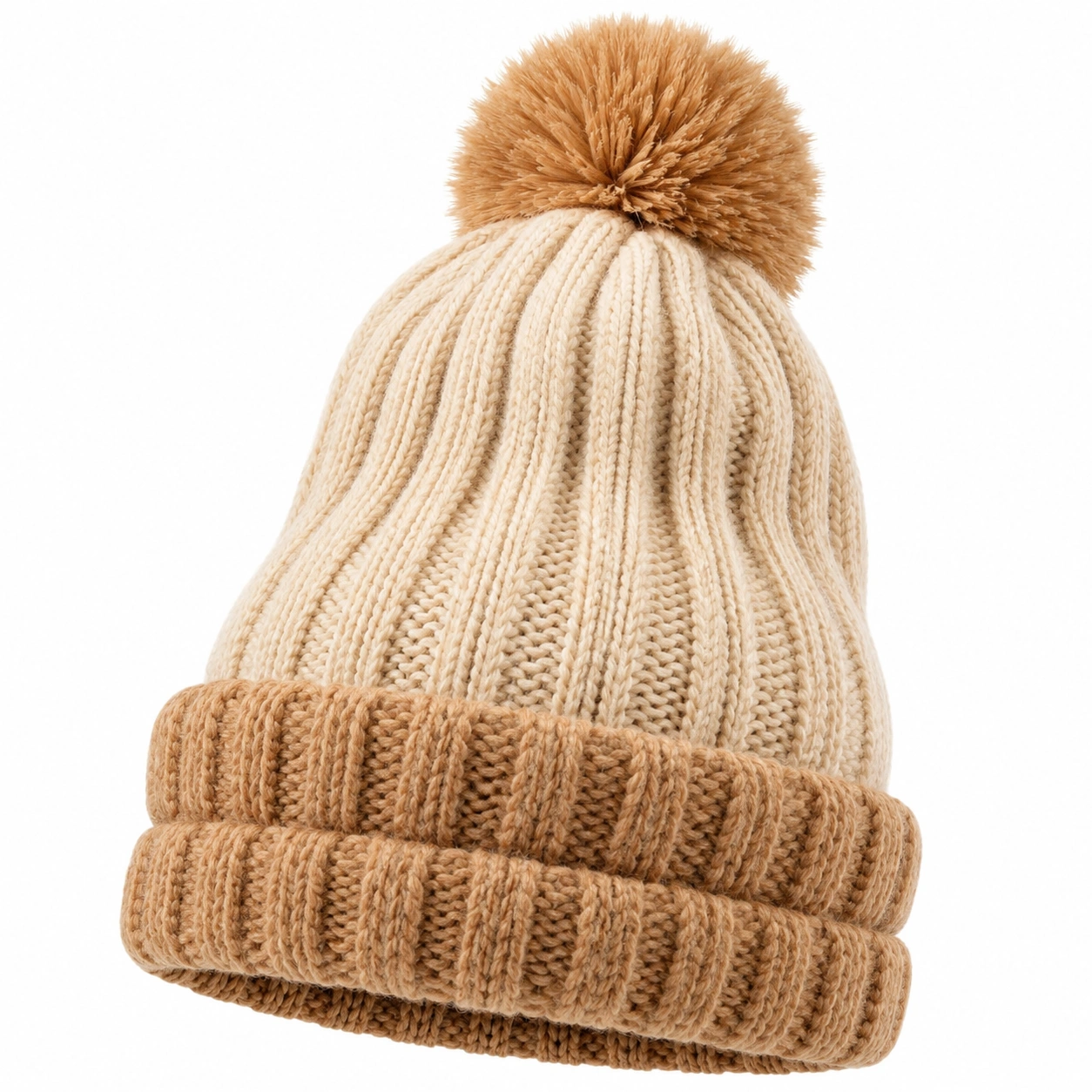 Bonnet en tricot à pompon beige et brun pour l'hiver-furndaxis