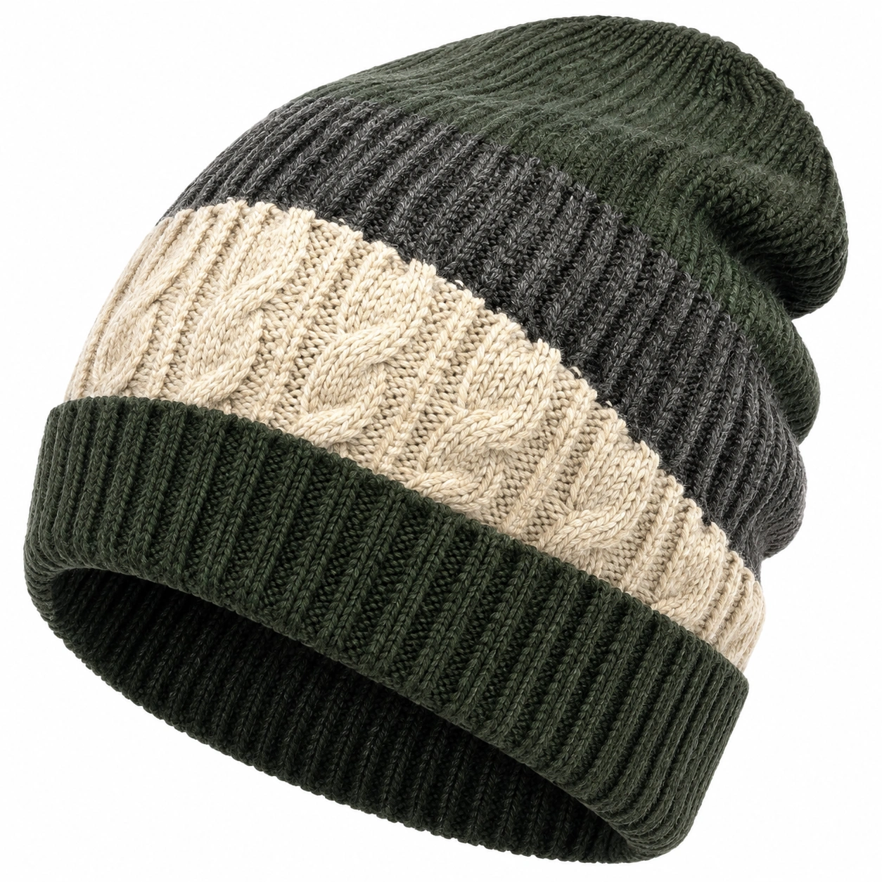 Bonnet tricoté hiver vert, gris et beige-furndaxis
