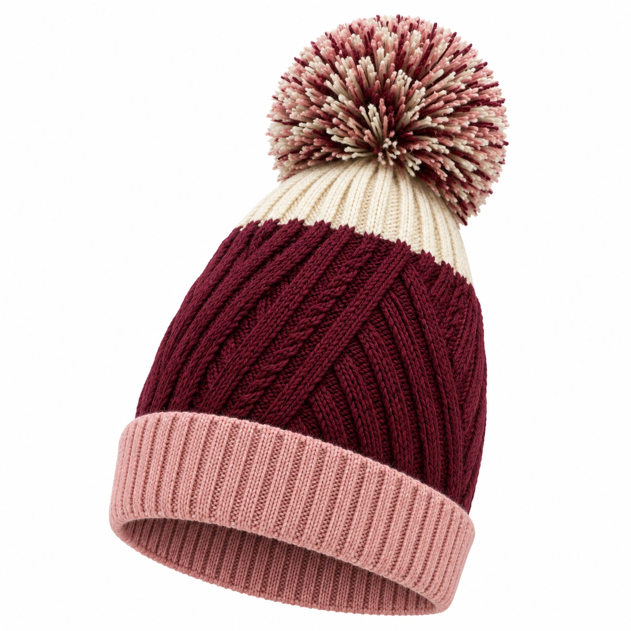 Bonnet à pompon bordeaux et rose-furndaxis