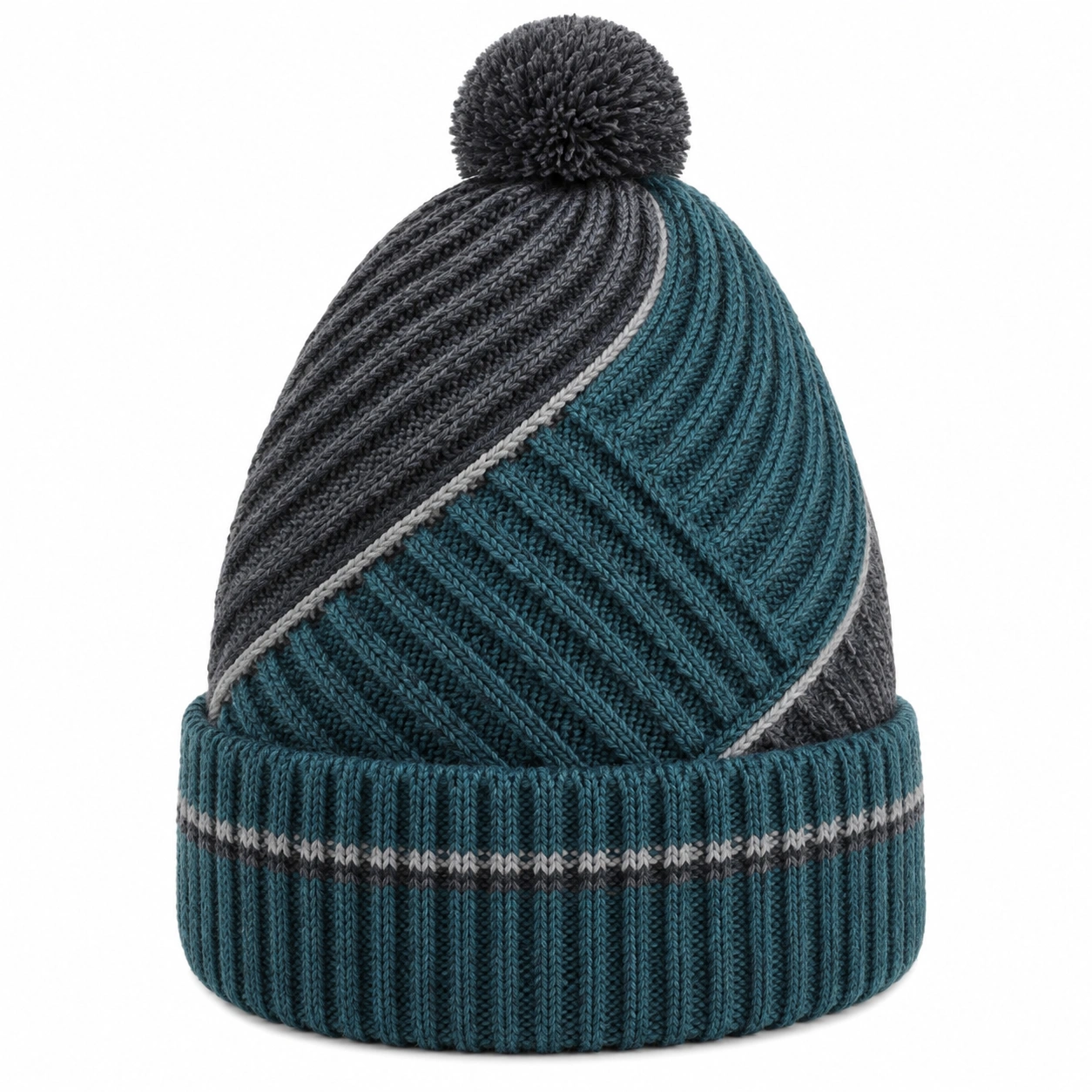 Bonnet en tricot à torsades gris et bleu avec pompon-furndaxis