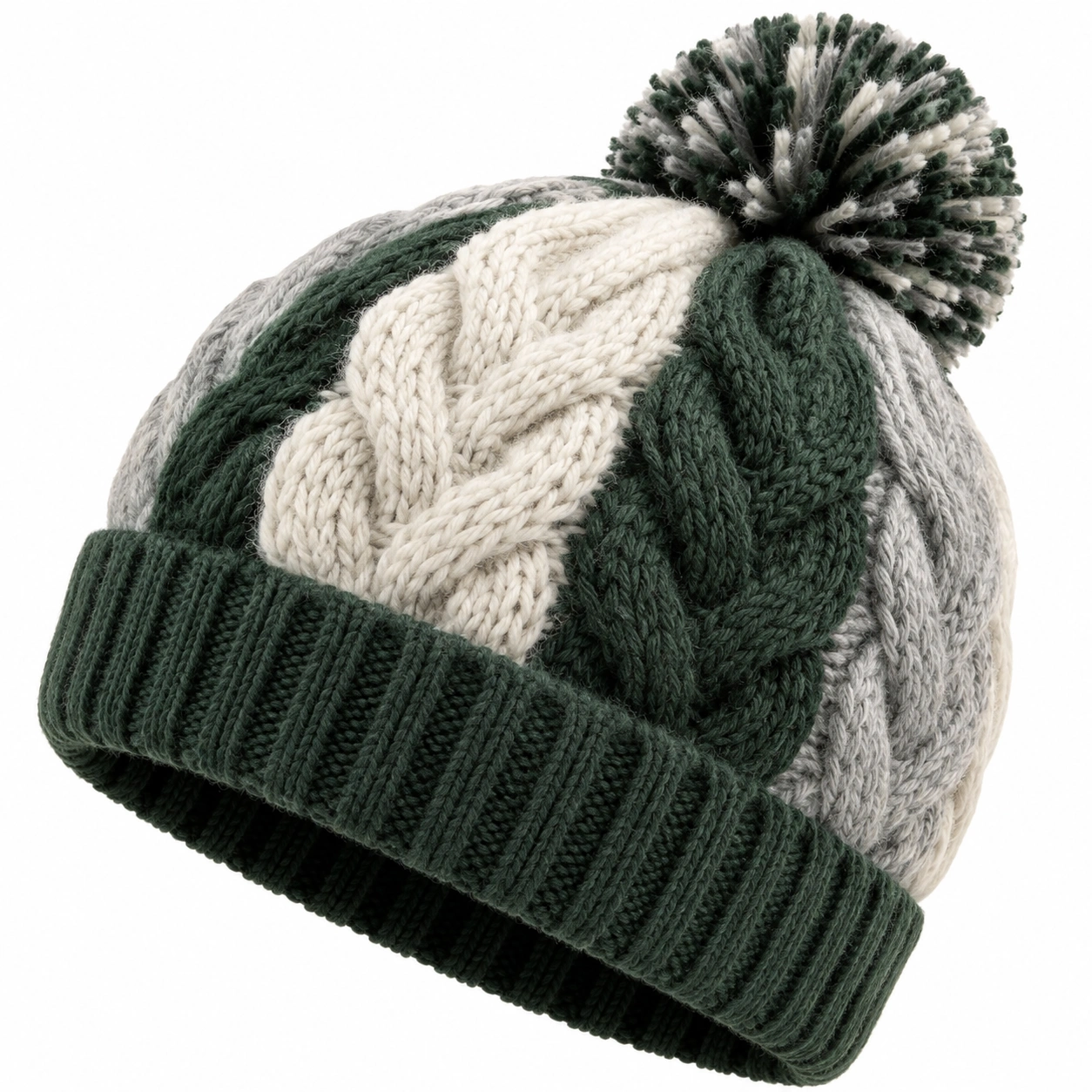 Bonnet en tricot torsadé à pompon vert, blanc et gris-furndaxis