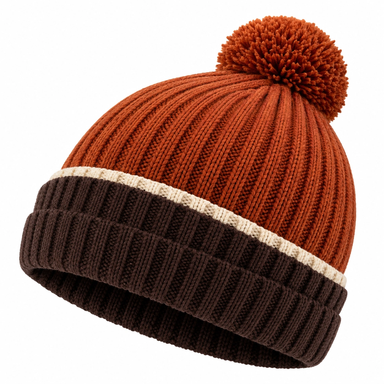 Bonnet Tricoté avec Pompon Marron et Orange-furndaxis
