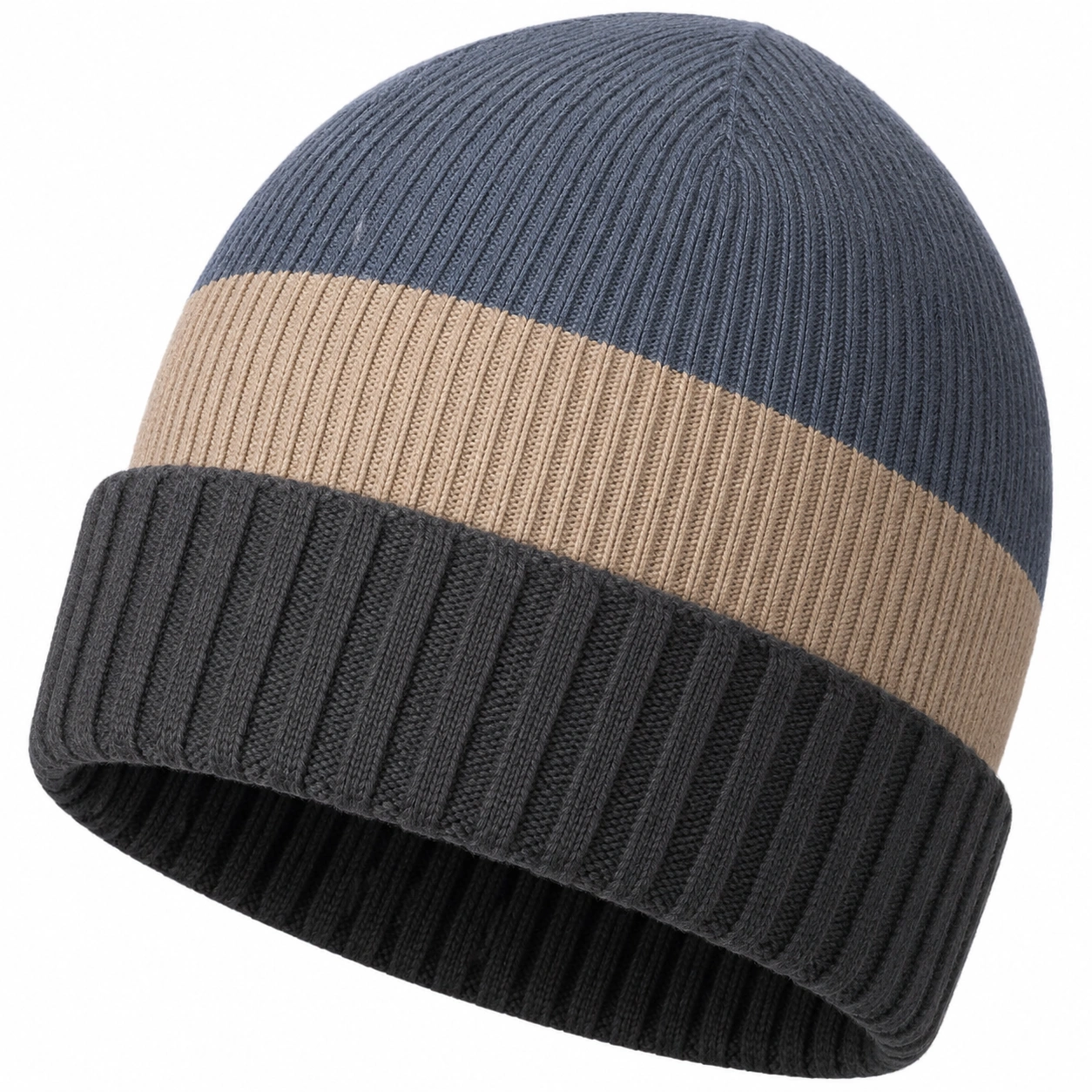 Bonnet d'hiver tricoté bicolore bleu/gris/beige-furndaxis