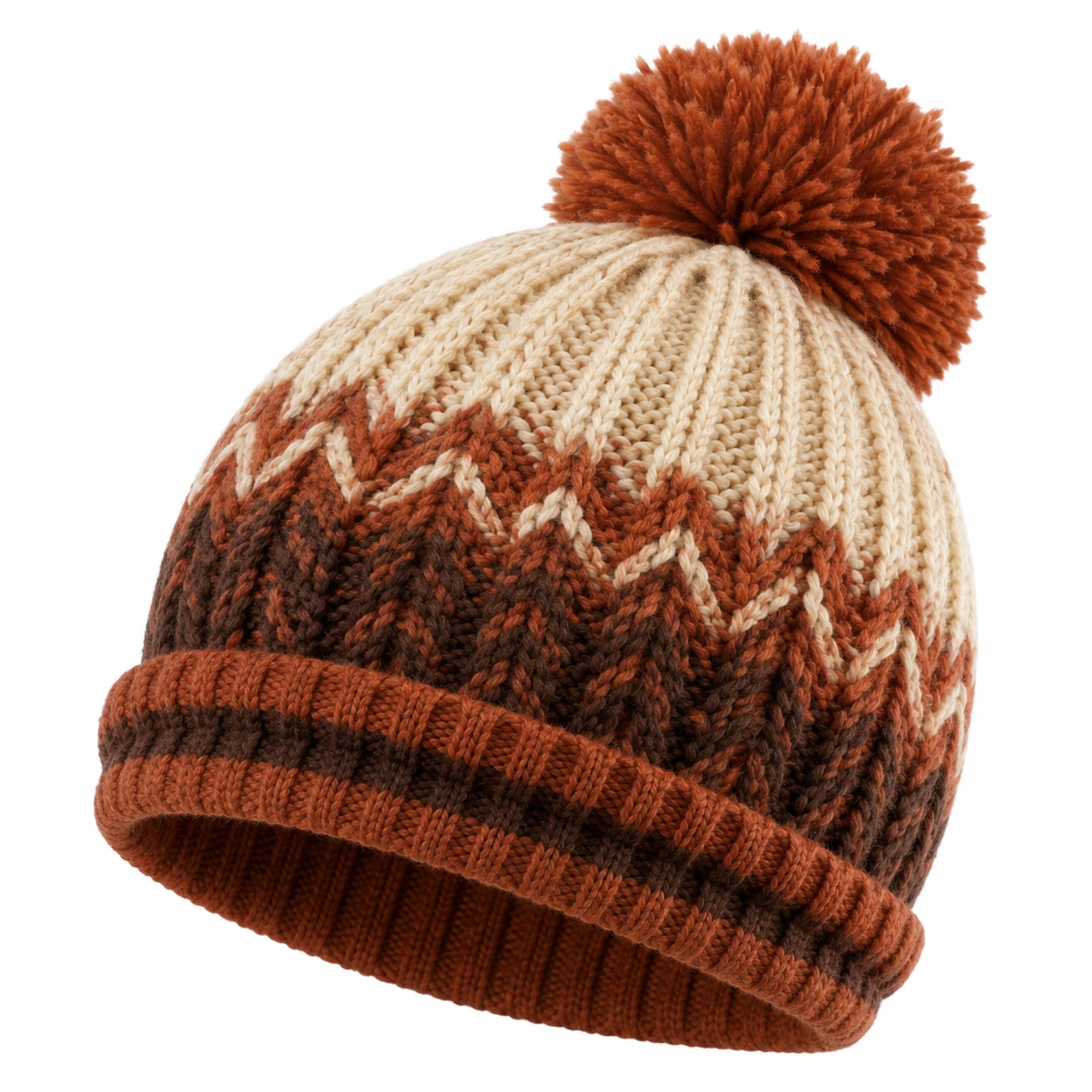 Bonnet en tricot à pompon orange, écru et marron-furndaxis