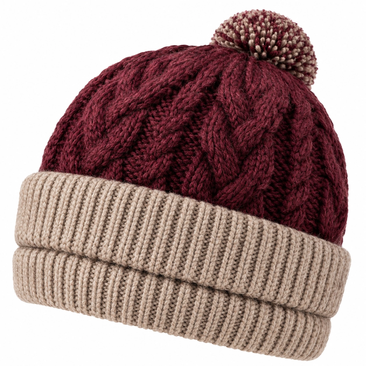 Bonnet torsadé avec pompon bordeaux et beige-furndaxis