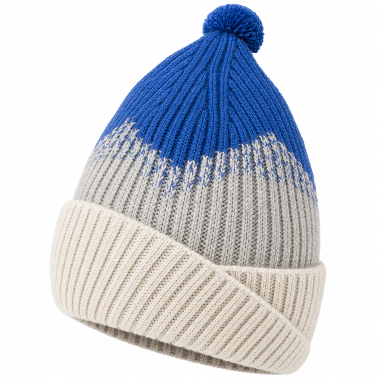 Bonnet tricoté avec pompon bleu, gris et blanc-furndaxis