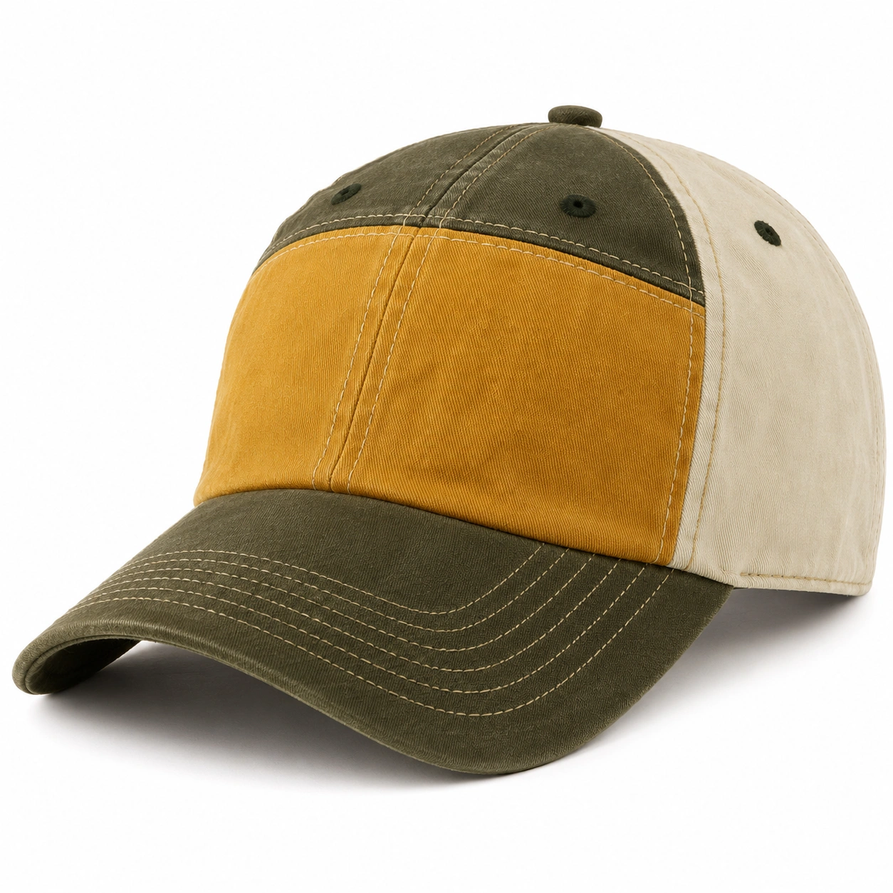 Casquette de Baseball Patchwork Vert Moutarde Beige-roomcaxis