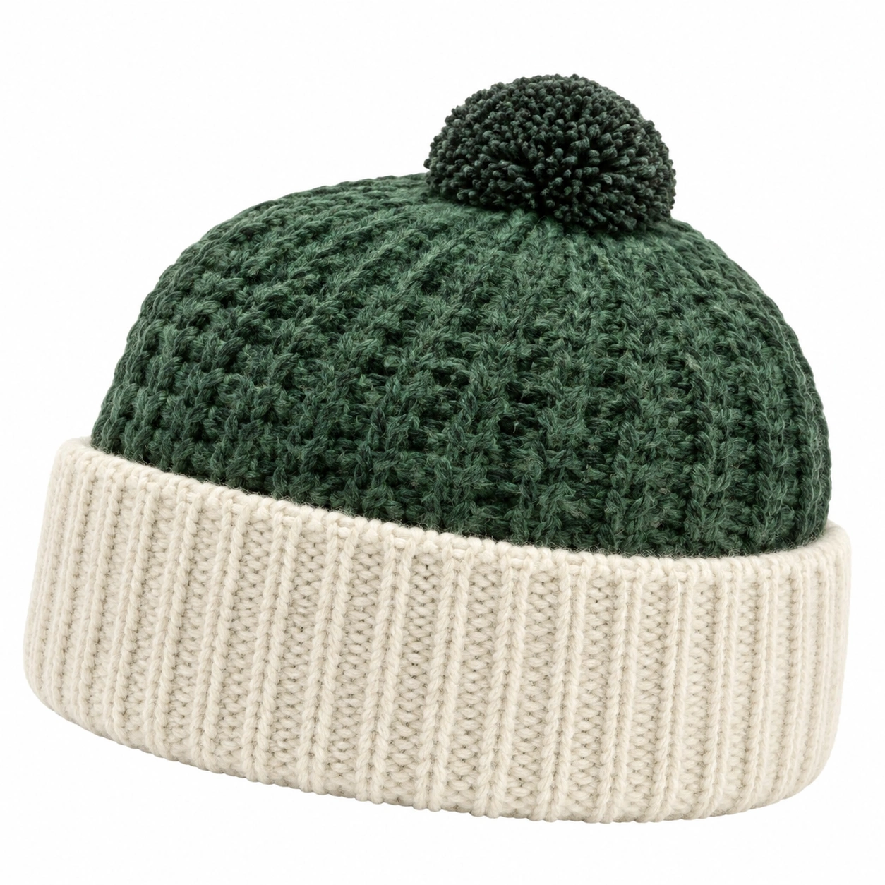 Bonnet en Maille Vert avec Pompon et Revers Crème-roomcaxis