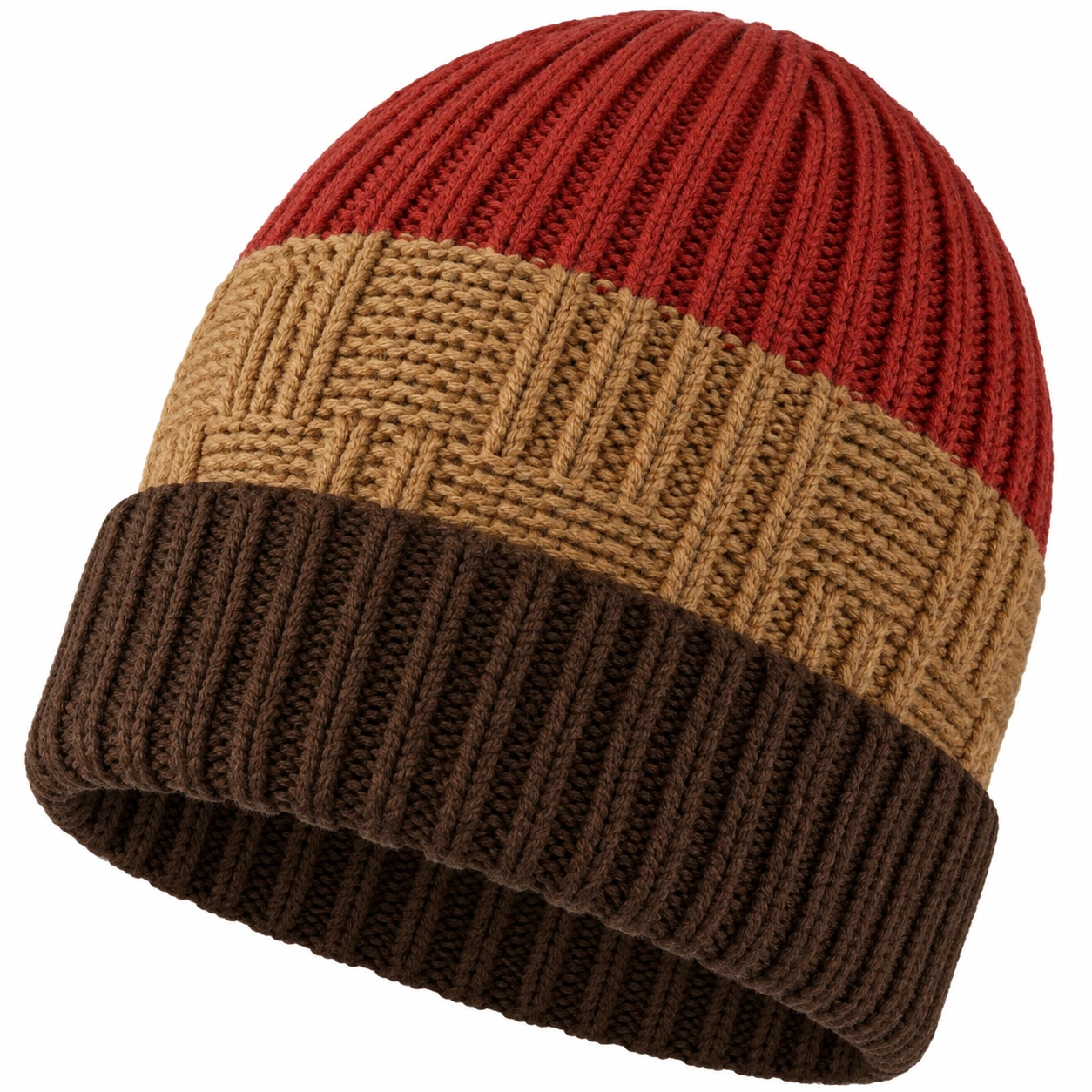 Bonnet en Tricot Rayé Rouge, Beige et Marron-roomcaxis