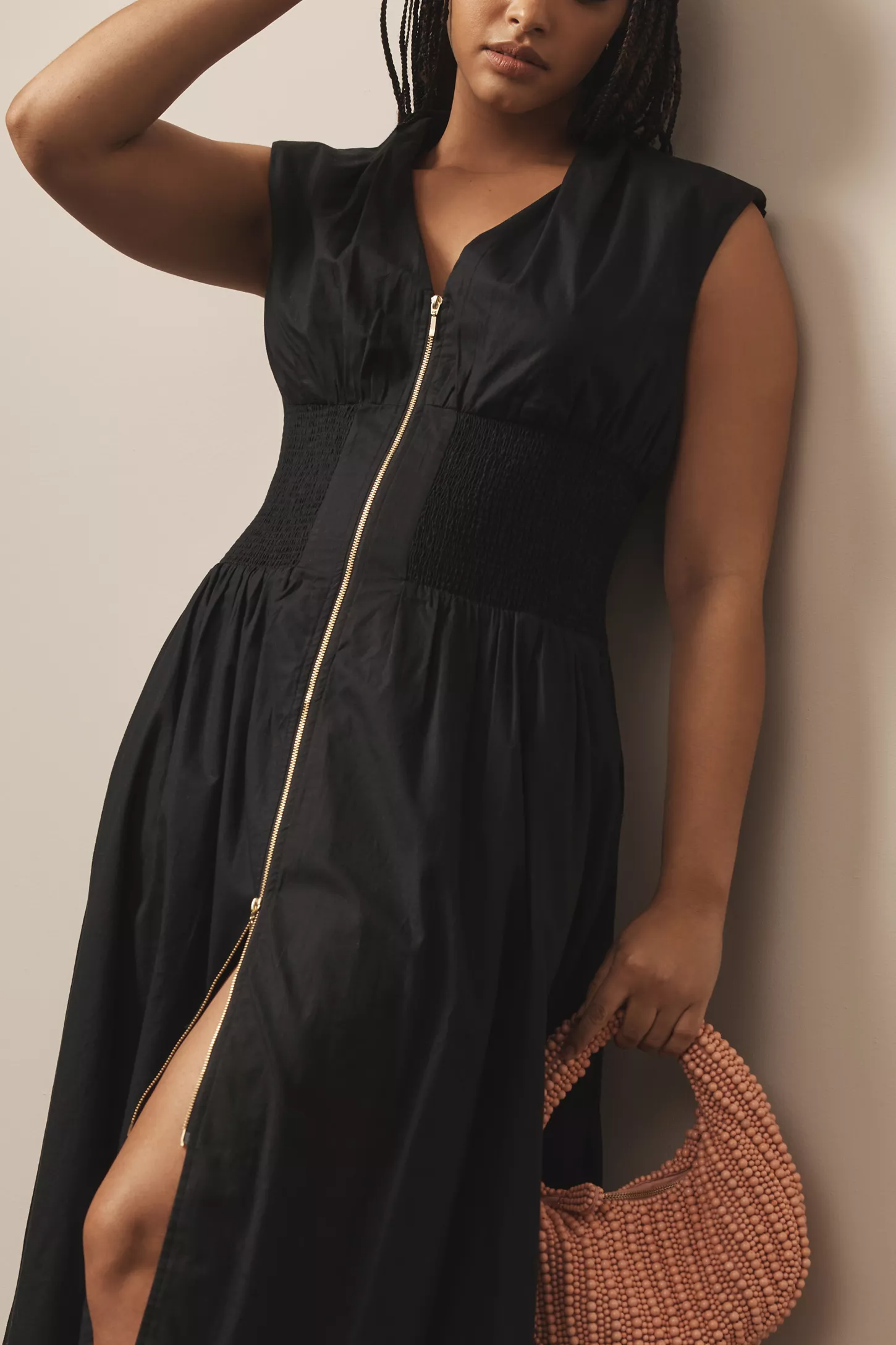 Cap-Sleeve Smocked Front-Zip Shirt Dress(BUY 2 FREE SHIPPING)