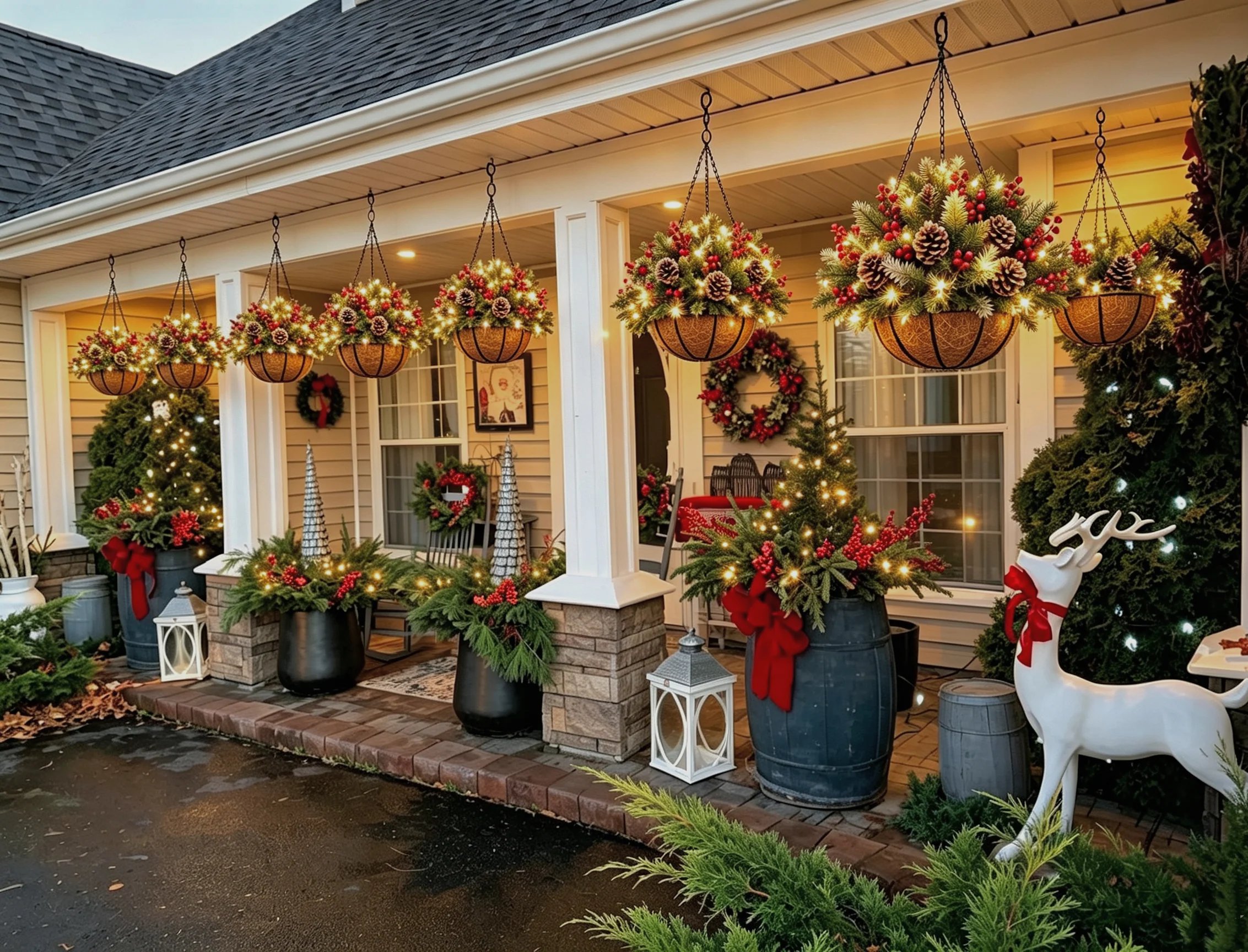 Pre-lit Christmas hanging basket with warm white lights