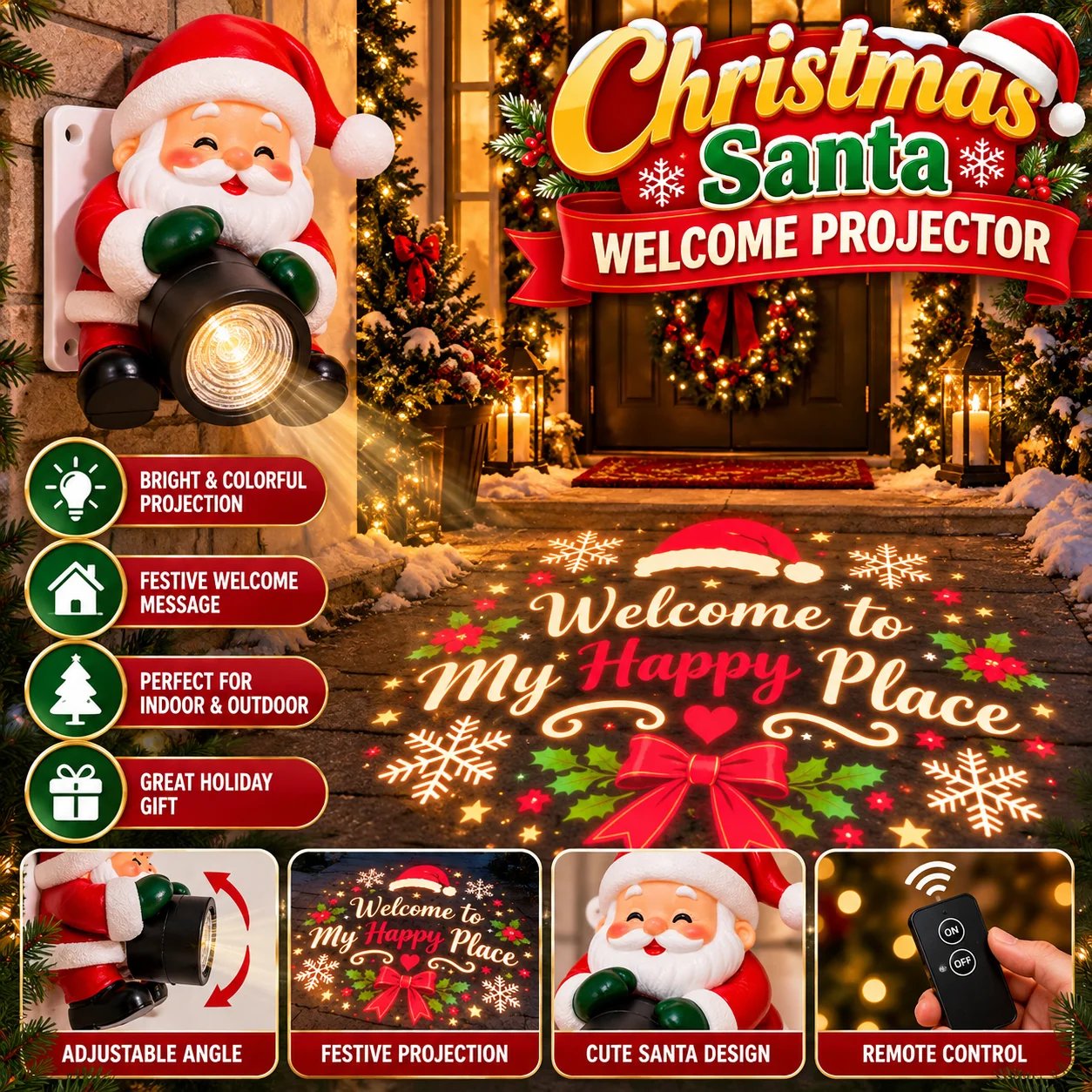 🔥HOT SALE🎅 Santa Christmas Welcome Projector – Festive Holiday Doorway Light with Remote Control ✨