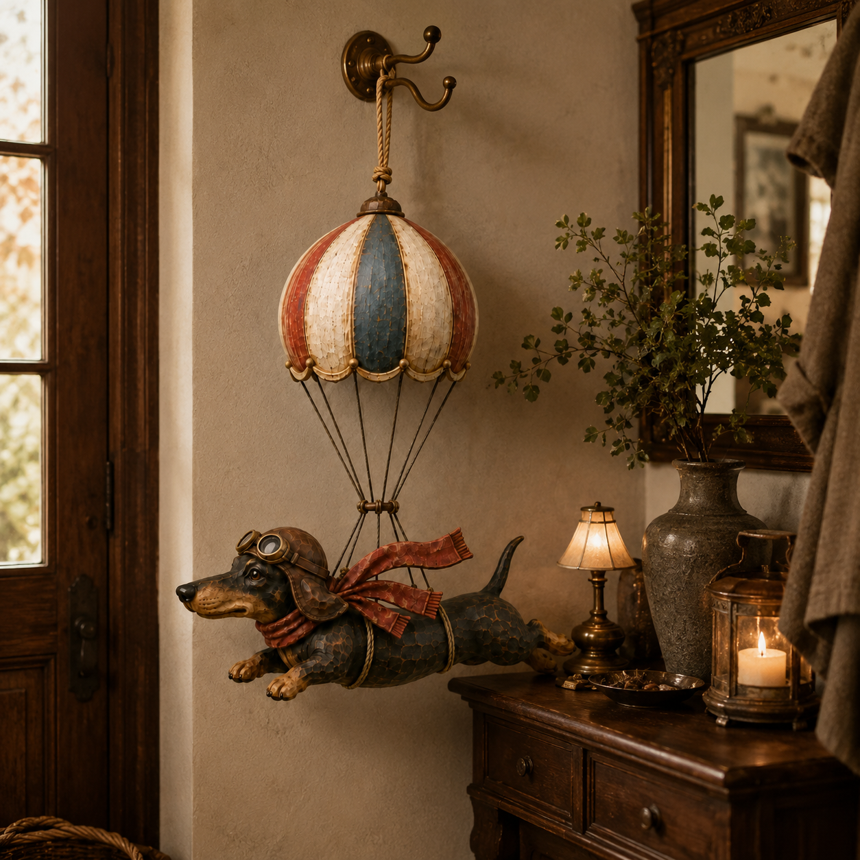 Flying dachshund vintage decor in a home setting